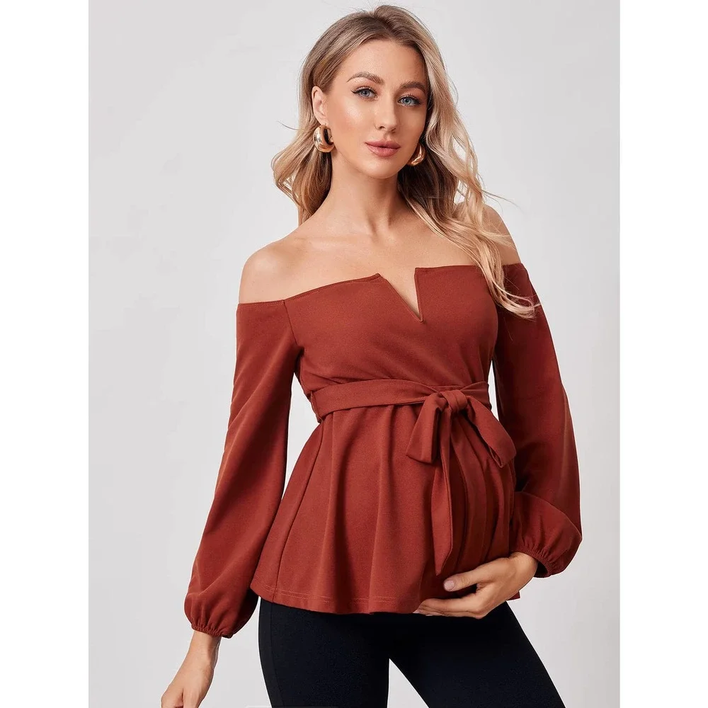 Maternity V Off Shoulder Belted long sleeve Top black - Picture 8 of 8